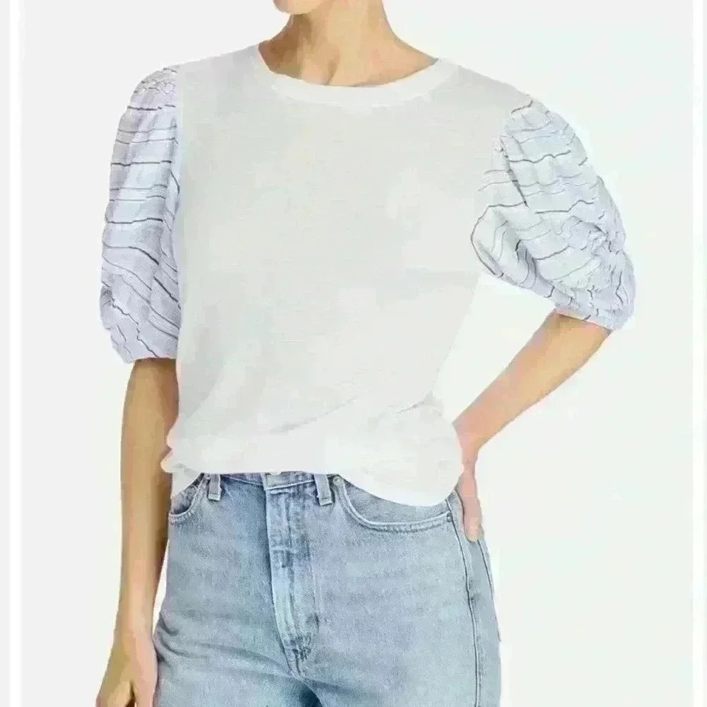 NWOT Rebecca Taylor soft white cotton T shirt with puffy sleeves in blue…